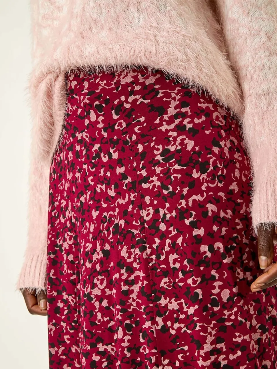 Roman Red Confetti Print Stretch Midi Skirt