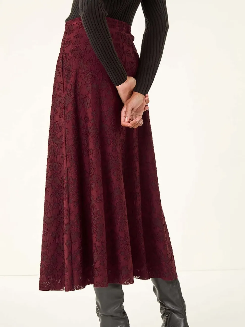 Roman Red Floral Textured A-Line Skirt