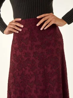 Roman Red Floral Textured A-Line Skirt