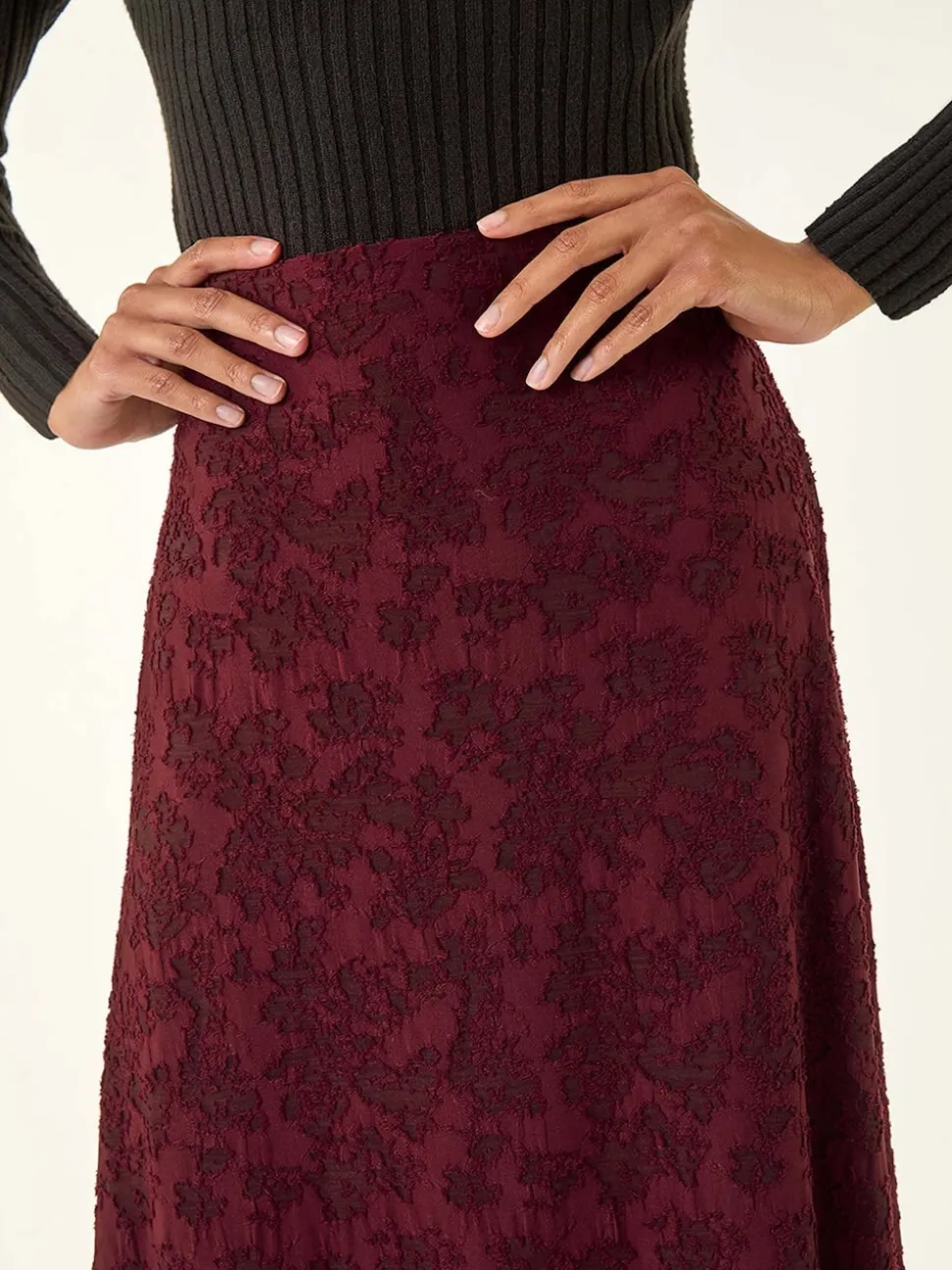 Roman Red Floral Textured A-Line Skirt
