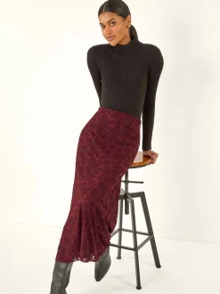 Roman Red Floral Textured A-Line Skirt