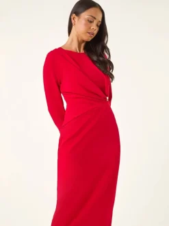 Roman Red Petite Gathered Stretch Midi Dress