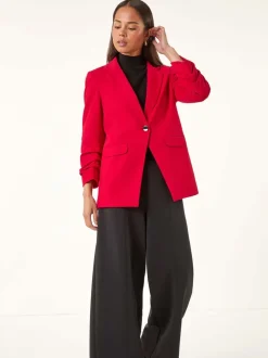 Roman Red Petite Ruched Buttoned Blazer