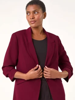 Roman Red Ruched Sleeve Stretch Blazer