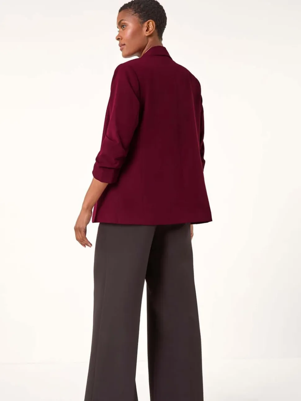 Roman Red Ruched Sleeve Stretch Blazer