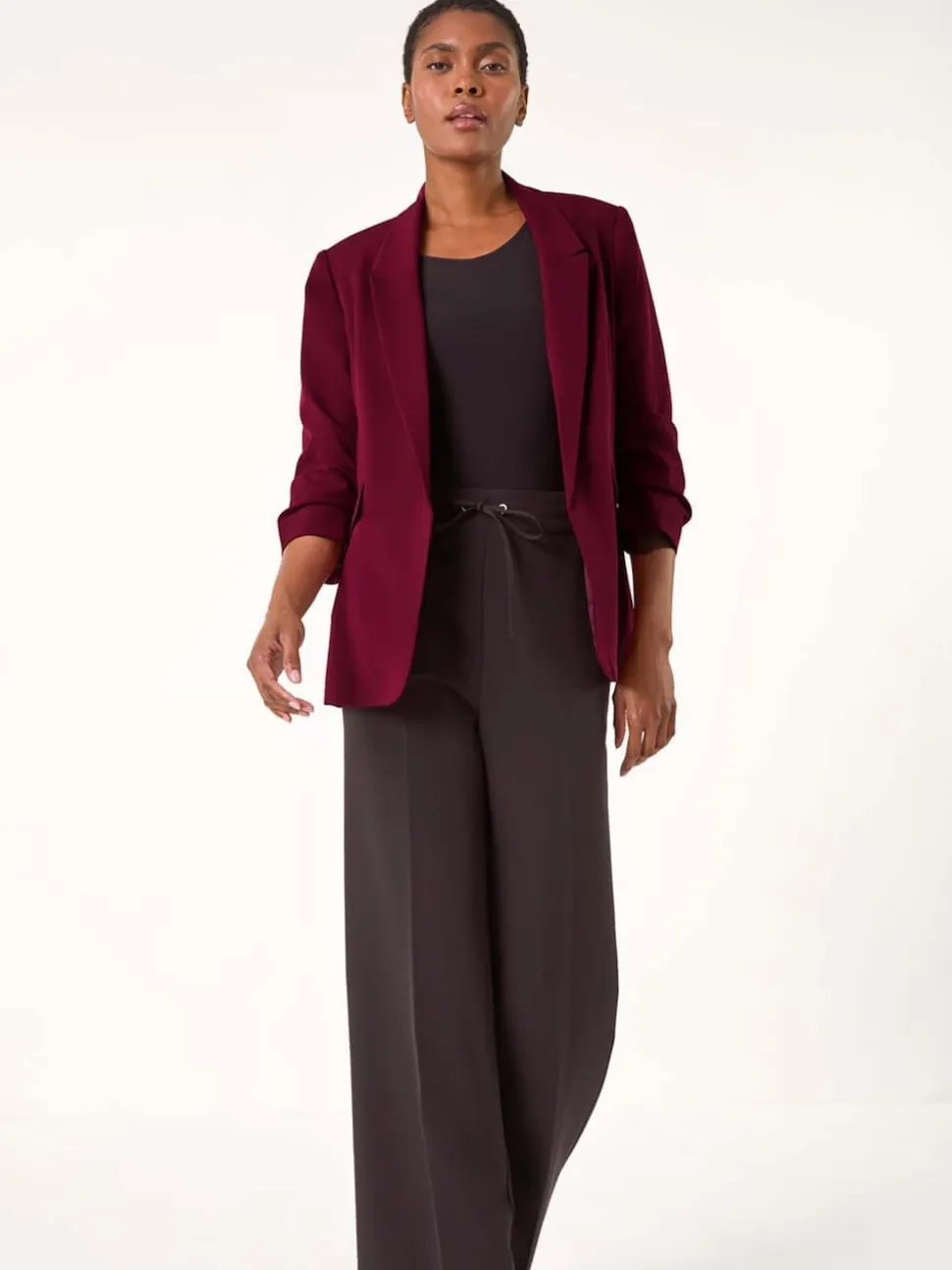 Roman Red Ruched Sleeve Stretch Blazer