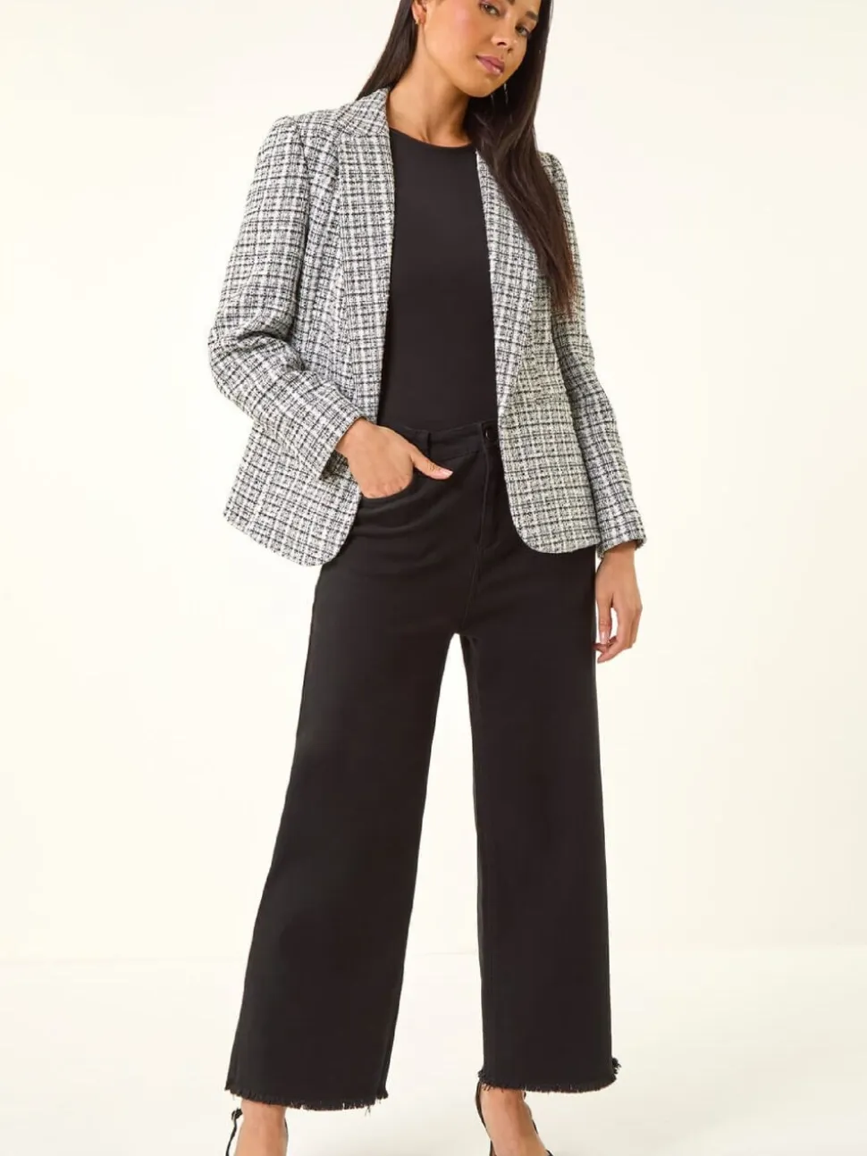 Roman White Petite Petite Boucle Cuban Collar Blazer