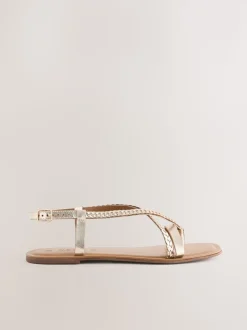 Rose Gold Leather Standard/Wide Fit Plait Strappy Toe Thong