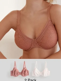 Rose/White DD+ Lace Non Pad Full Cup Minimiser Bras 2 Pack