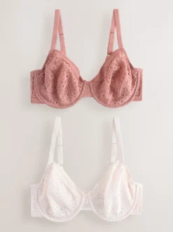 Rose/White DD+ Lace Non Pad Full Cup Minimiser Bras 2 Pack