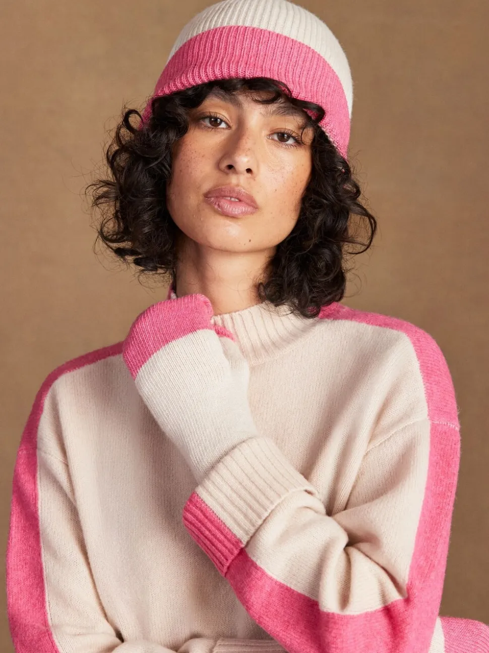 Ro&Zo Pink Colour Block Beanie With Cashmere