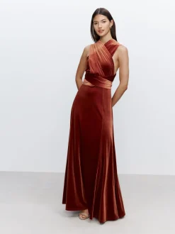 Rust Brown Bridesmaid Velvet Multiway Maxi Dress