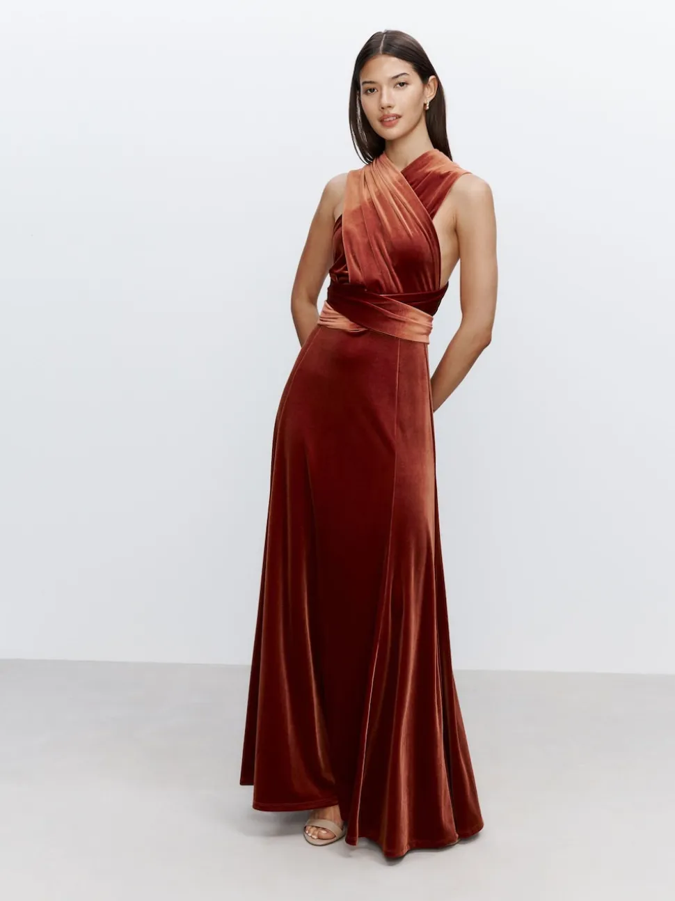 Rust Brown Bridesmaid Velvet Multiway Maxi Dress