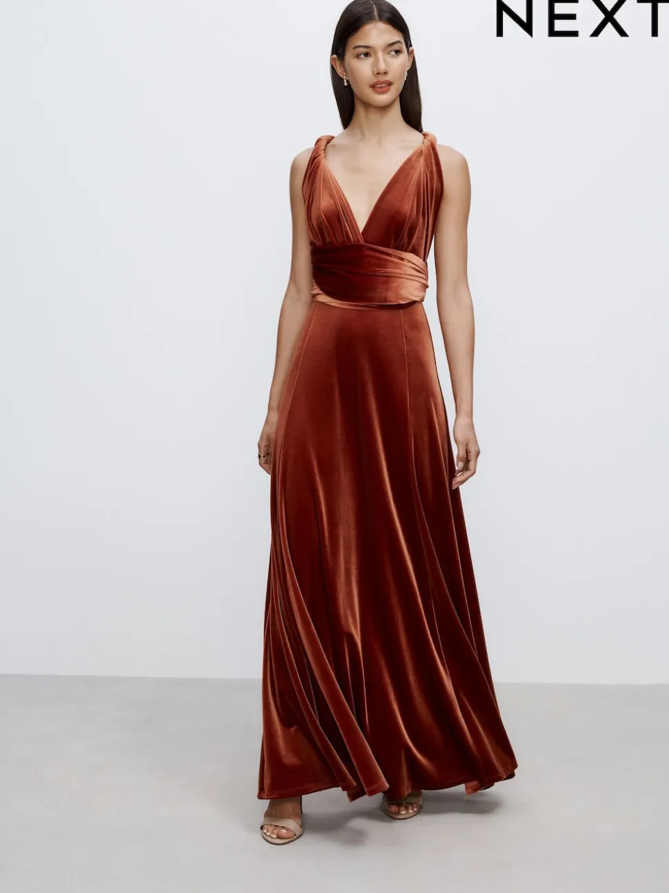 Rust Brown Bridesmaid Velvet Multiway Maxi Dress