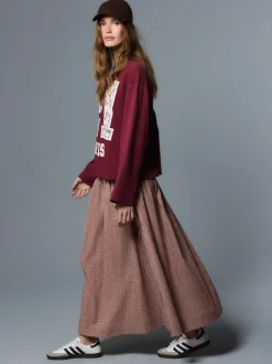 Rust Brown Drop Waist Gingham Maxi Skirt