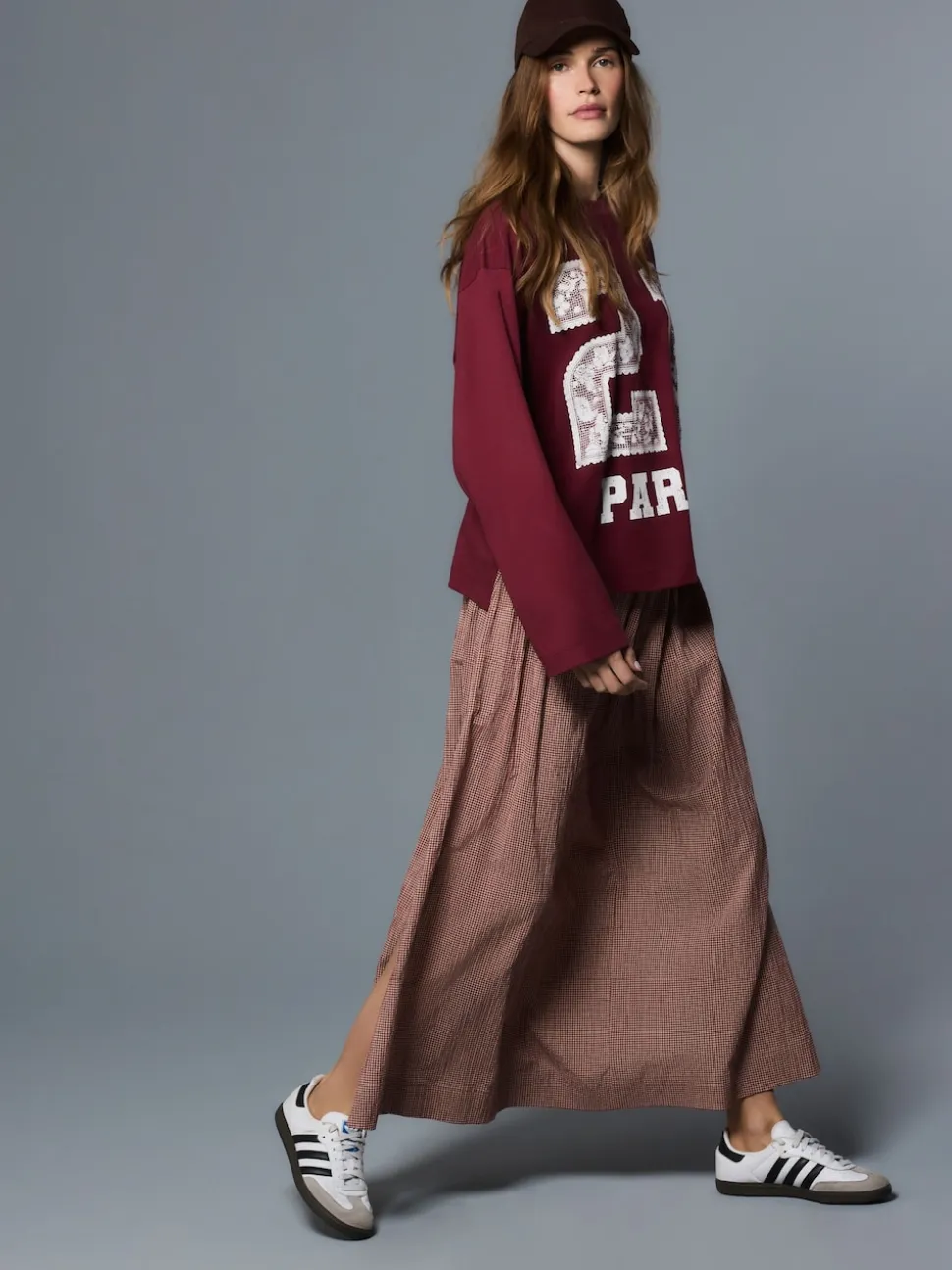 Rust Brown Drop Waist Gingham Maxi Skirt