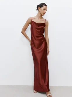 Rust Brown Satin Cowl Neck Wedding Guest Bridesmaid Maxi Dress