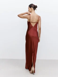 Rust Brown Satin Cowl Neck Wedding Guest Bridesmaid Maxi Dress