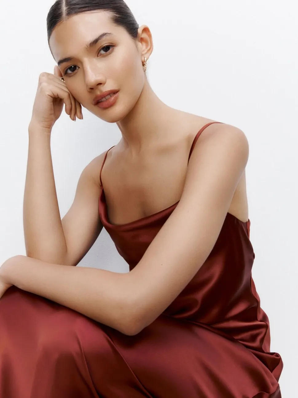 Rust Brown Satin Cowl Neck Wedding Guest Bridesmaid Maxi Dress