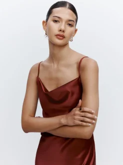 Rust Brown Satin Cowl Neck Wedding Guest Bridesmaid Maxi Dress