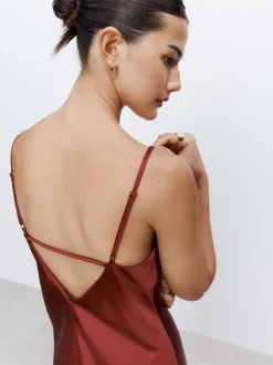 Rust Brown Satin Cowl Neck Wedding Guest Bridesmaid Maxi Dress