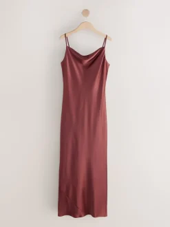 Rust Brown Satin Cowl Neck Wedding Guest Bridesmaid Maxi Dress