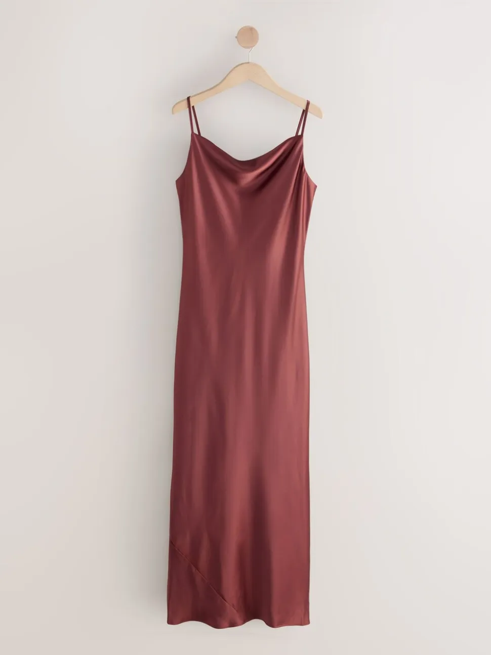 Rust Brown Satin Cowl Neck Wedding Guest Bridesmaid Maxi Dress