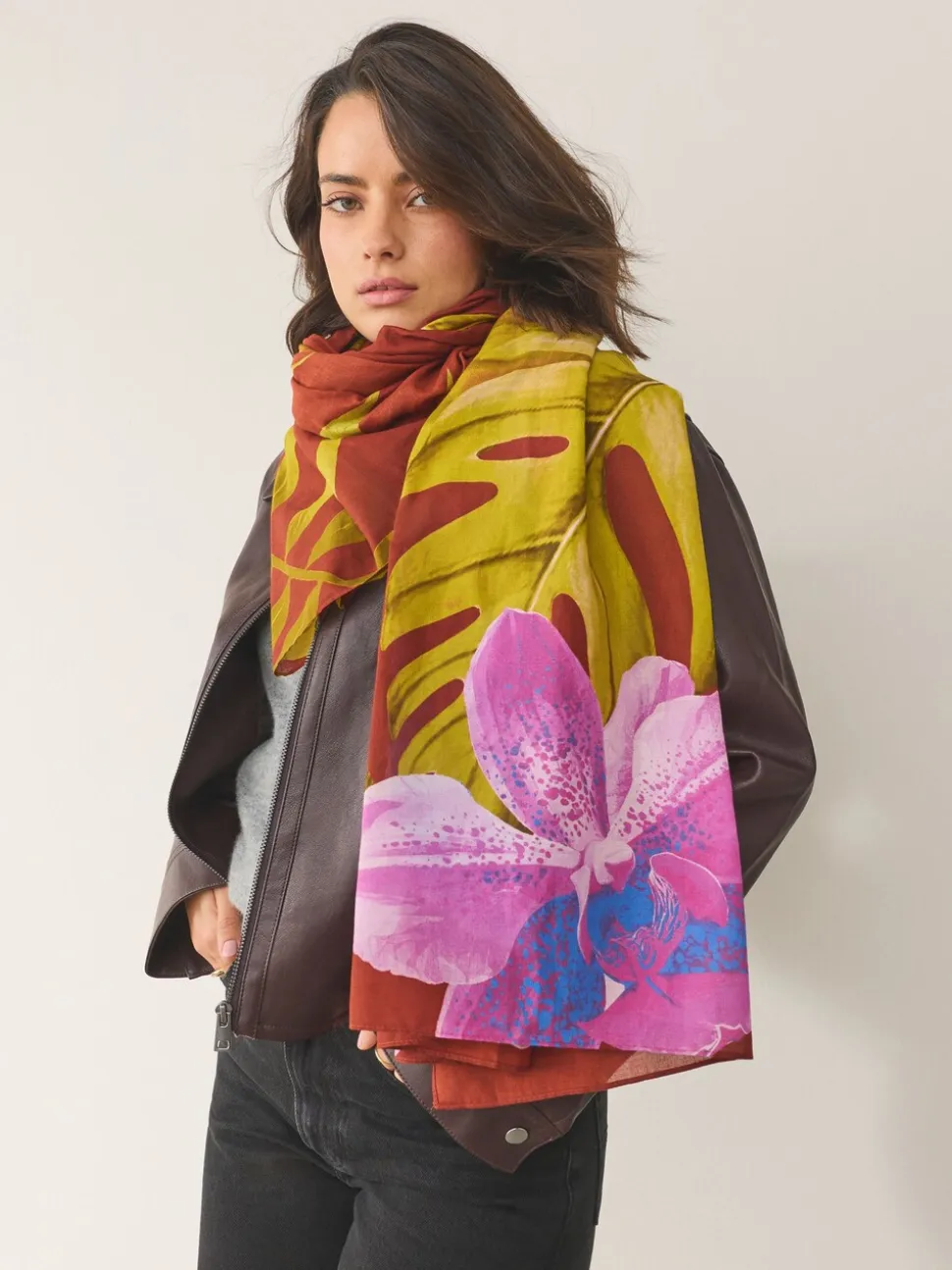 Rust Tropical Print Lightweight Scarf