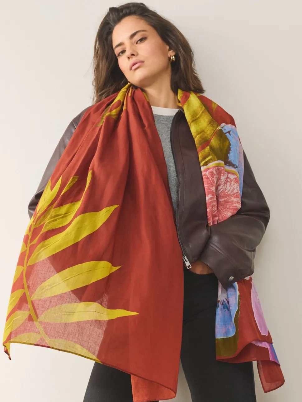 Rust Tropical Print Lightweight Scarf