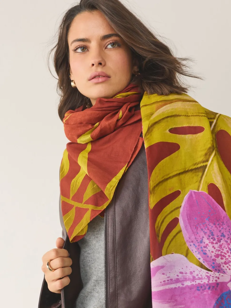 Rust Tropical Print Lightweight Scarf