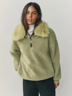 Sage Green Borg Quarter Zip Fleece with Fur Collar