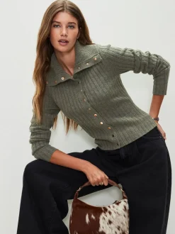 Sage Green Gold Button Ribbed Collar Cardigan