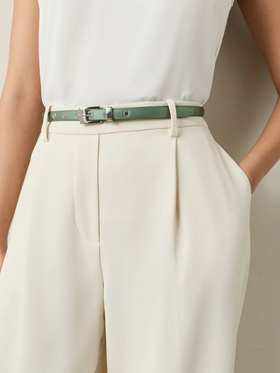 Sage Green Satin Skinny Belt with Diamante Square Buckle