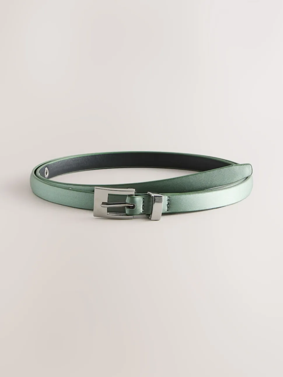 Sage Green Satin Skinny Belt with Diamante Square Buckle