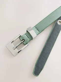 Sage Green Satin Skinny Belt with Diamante Square Buckle