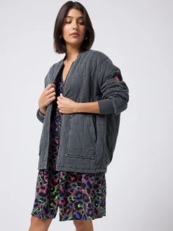 SCAMP & DUDE Black Quilted Bolt Bomber Jacket Light Washed