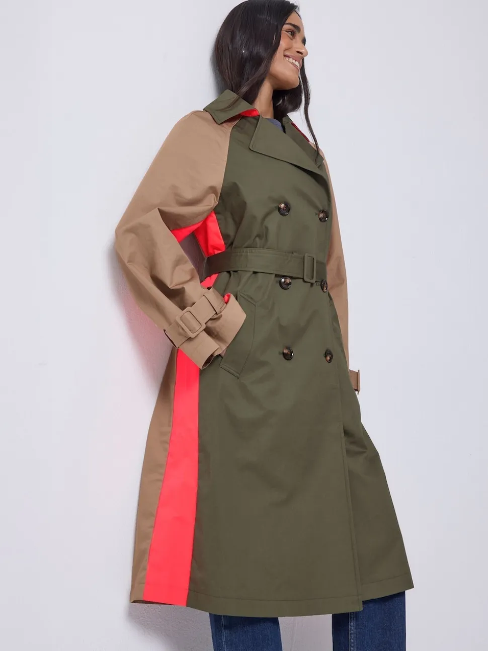 SCAMP & DUDE Green Colour Block Trench Coat