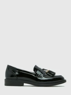 Schuh Black Wide Fit Layne Patent Tassel Loafers