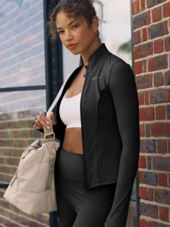 self. Black Long Sculpting Zip Through Jacket