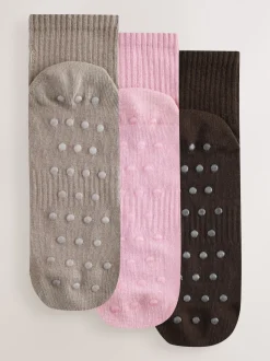 self. Black/Pink/Mocha Brown Cropped Ankle Embroidered Logo Gripper Socks 3 Pack