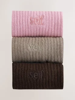 self. Black/Pink/Mocha Brown Cropped Ankle Embroidered Logo Gripper Socks 3 Pack