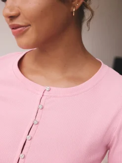 self. Bright Pink Ribbed Button Through Pyjamas