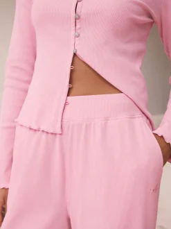 self. Bright Pink Ribbed Button Through Pyjamas