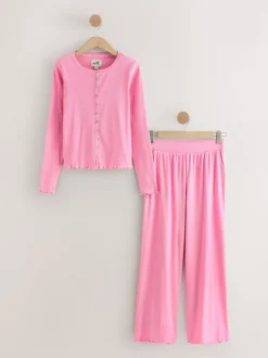 self. Bright Pink Ribbed Button Through Pyjamas