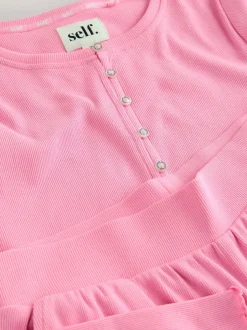 self. Bright Pink Ribbed Button Through Pyjamas