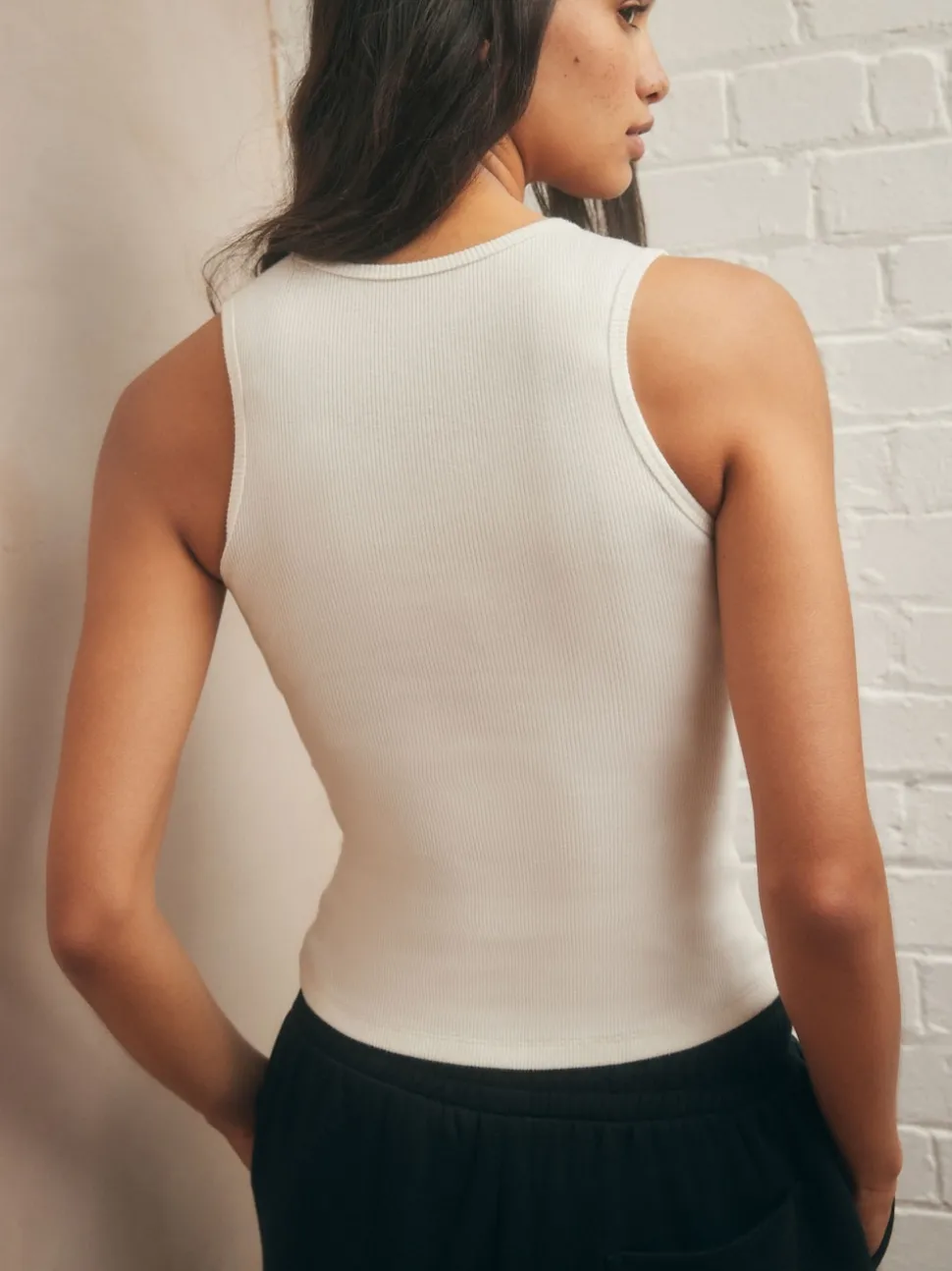 self. Ecru Cotton Rib Scoop Neck Vest