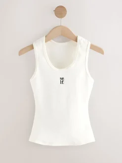 self. Ecru Cotton Rib Scoop Neck Vest