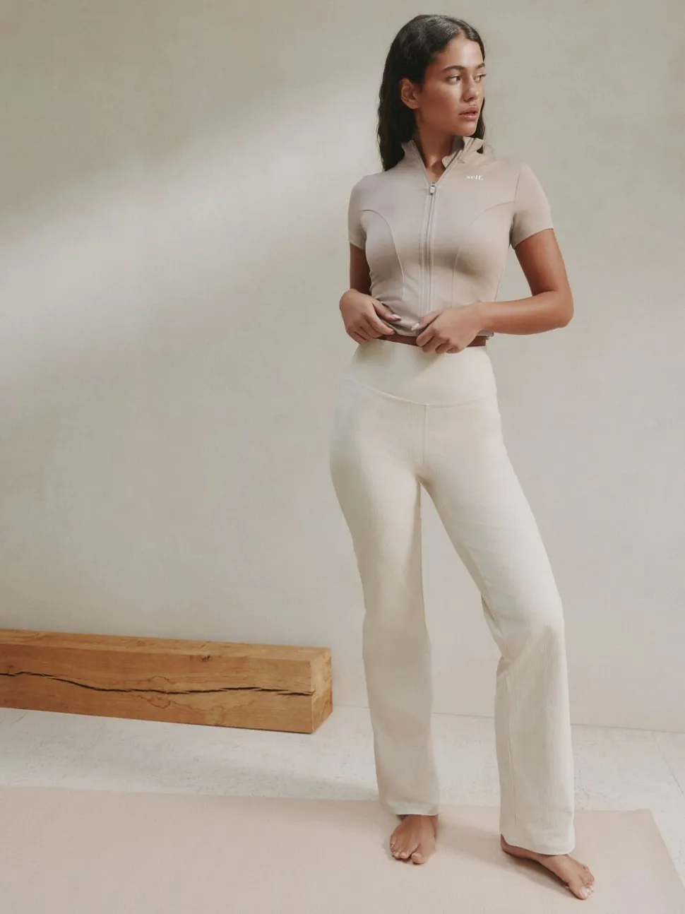 self. Ecru Rib Wide Leggings