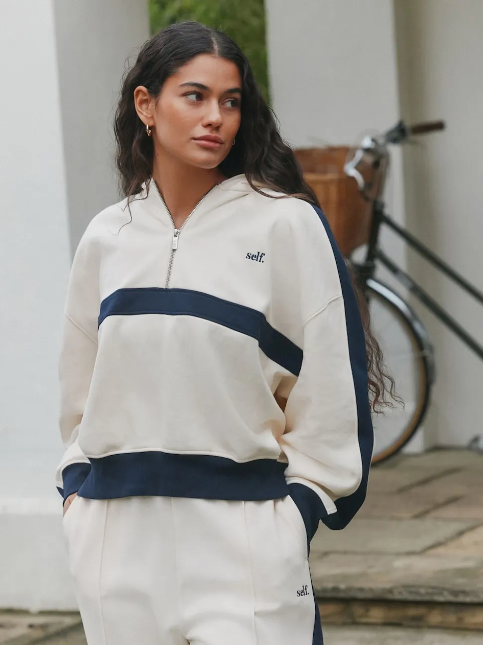 self. Ecru/Navy Half Zip Fleece Top