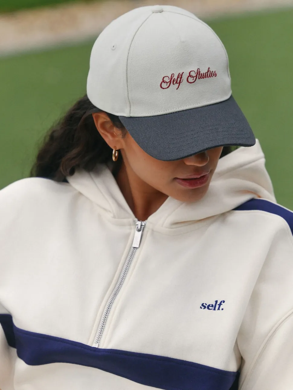 self. Ecru/Navy Half Zip Fleece Top